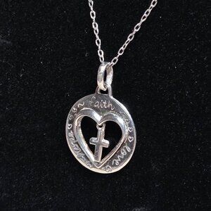 925 Sterling Silver "Faith, Hope, Love" Engraved Cross Heart Pendant Necklace